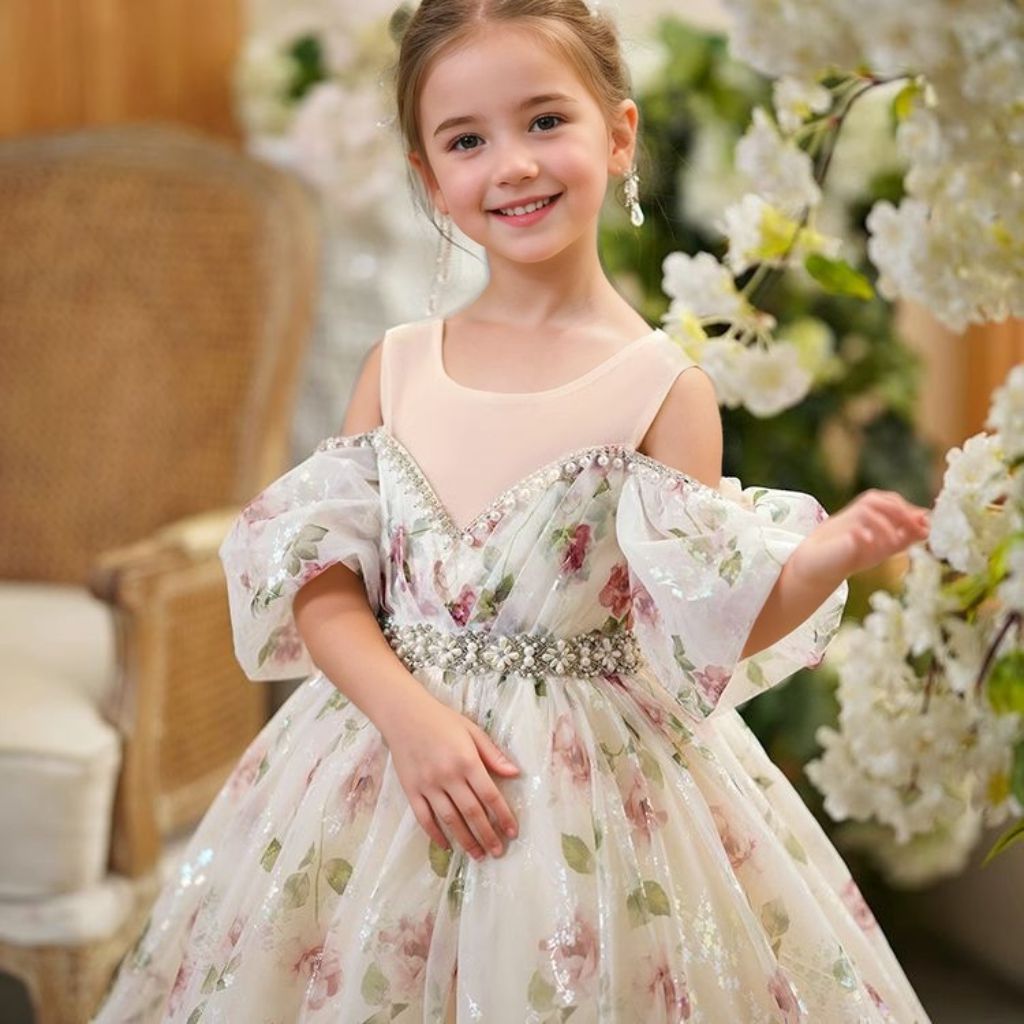 Off-the-Shoulder Rhinestone Belt Princess Flower Girl Party Dresses with Train