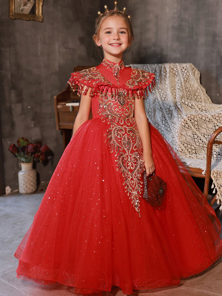 Floor Length High Neck Traditional Flower Girl Party Dresses with Rhinestone Appliques