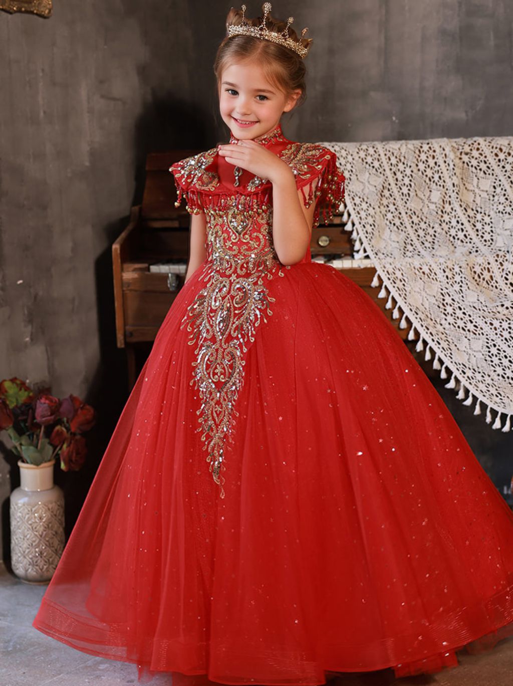 Floor Length High Neck Traditional Flower Girl Party Dresses with Rhinestone Appliques