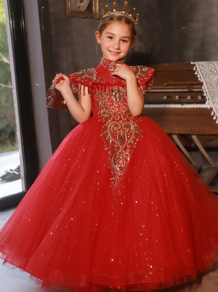 Floor Length High Neck Traditional Flower Girl Party Dresses with Rhinestone Appliques