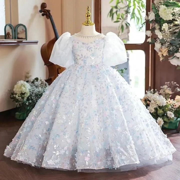 Princess Short Sleeves Ball Gown Girl Party Dress with Crystal Flower Appliques