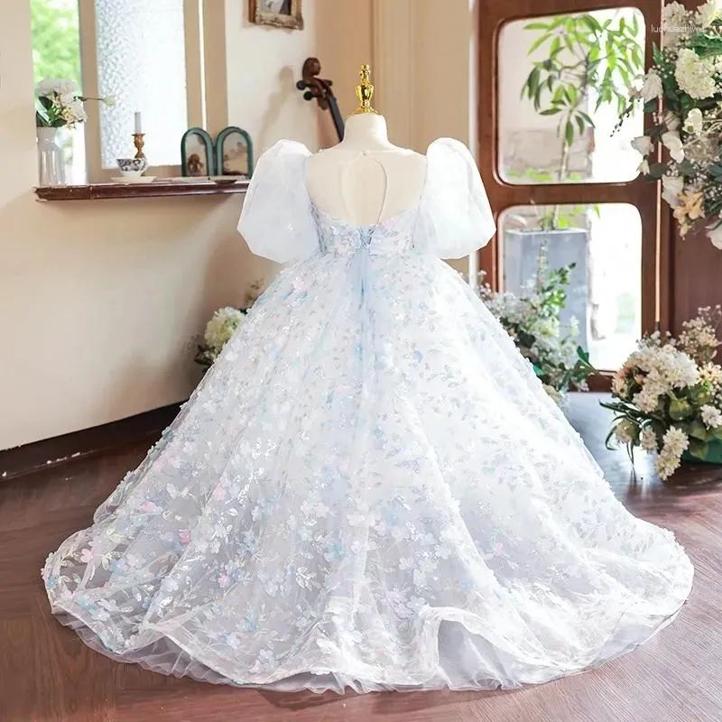 Princess Short Sleeves Ball Gown Girl Party Dress with Crystal Flower Appliques