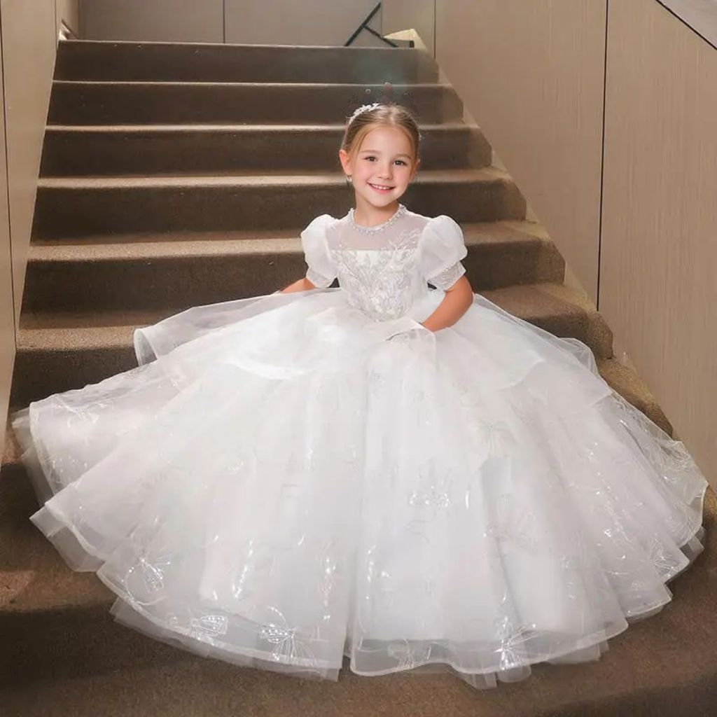 Beading Round Neck A-Line/Princess Flower Girl Dress with Rhinestone Appliques