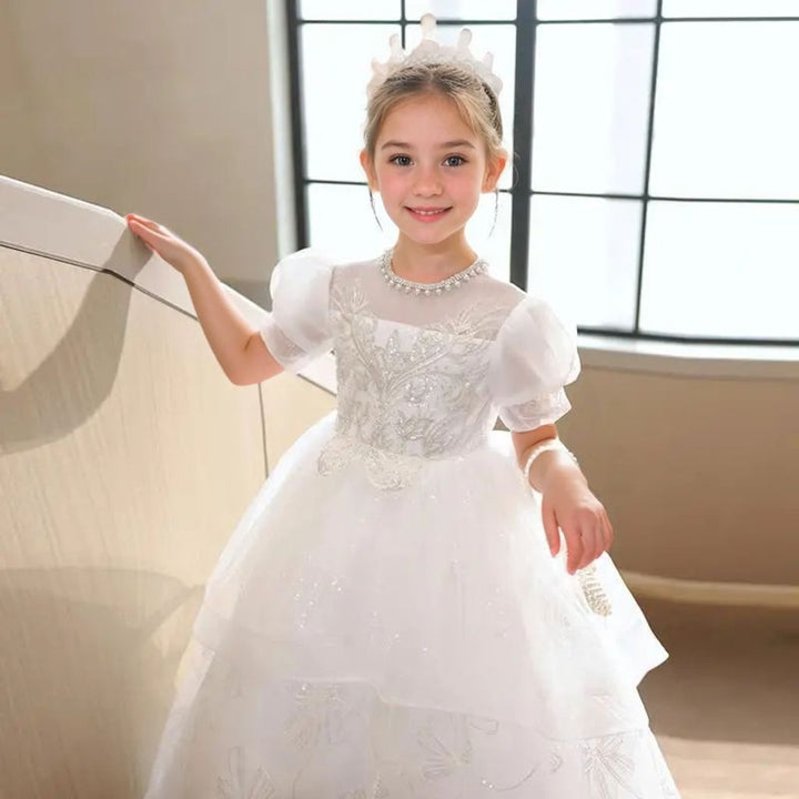 Beading Round Neck A-Line/Princess Flower Girl Dress with Rhinestone Appliques