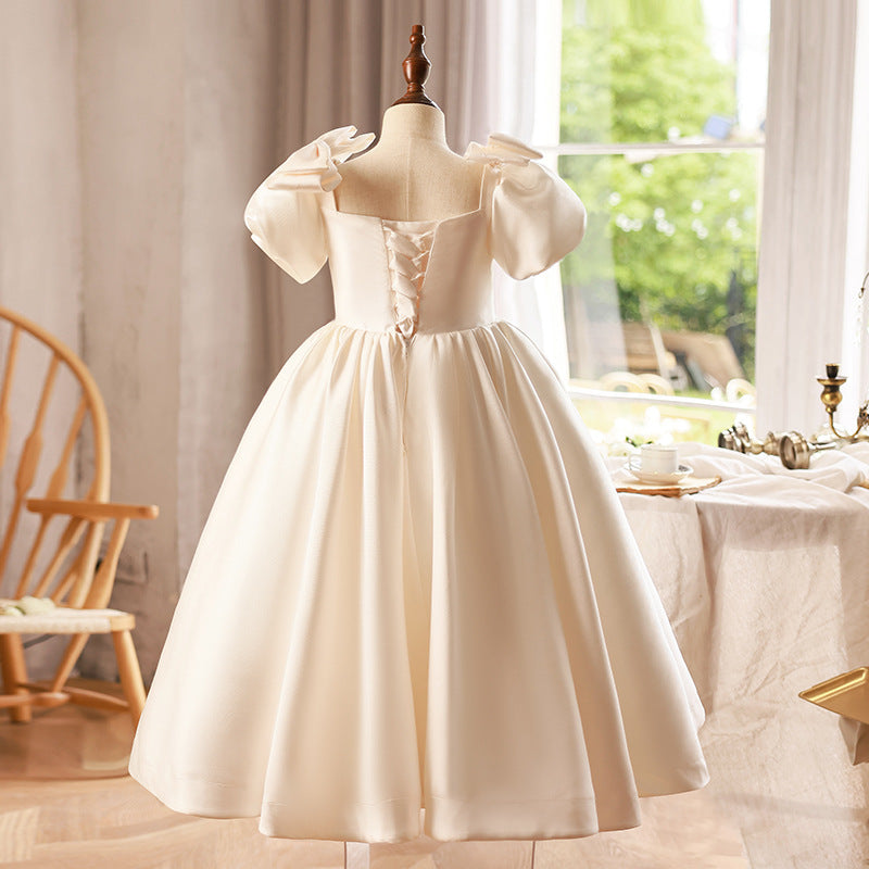 Short Sleeves Square Neck Floor Length Flower Girl Dresses with Bow