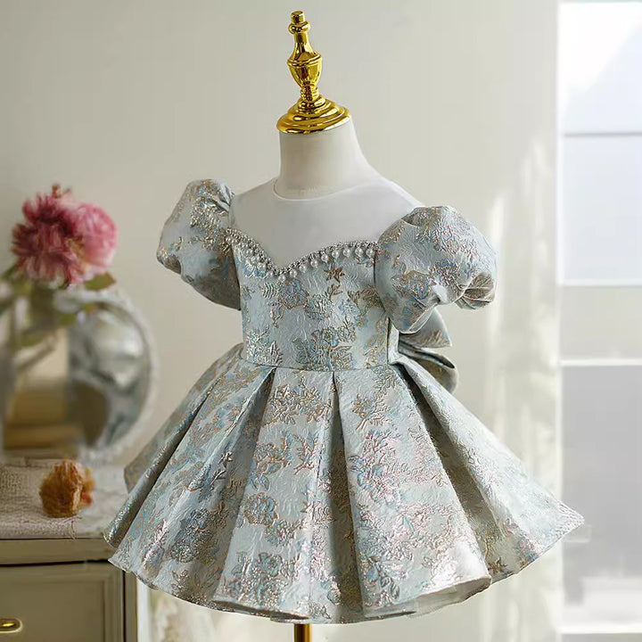 Knee Length Round Neck Short Sleeves Embroidery Baby Girl Party Dress with Bow