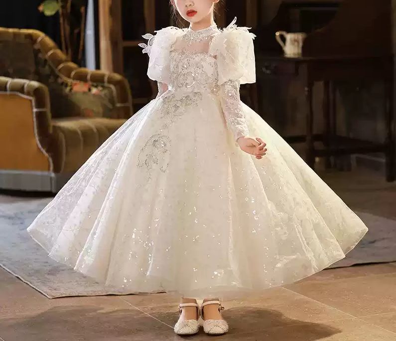 3/4 Sleeves A-Line/Princess Flower Girl Party Dress with Rhinestone Appliques & Bow