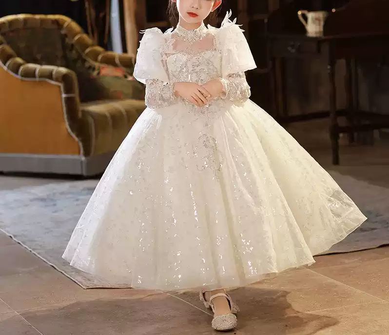 3/4 Sleeves A-Line/Princess Flower Girl Party Dress with Rhinestone Appliques & Bow