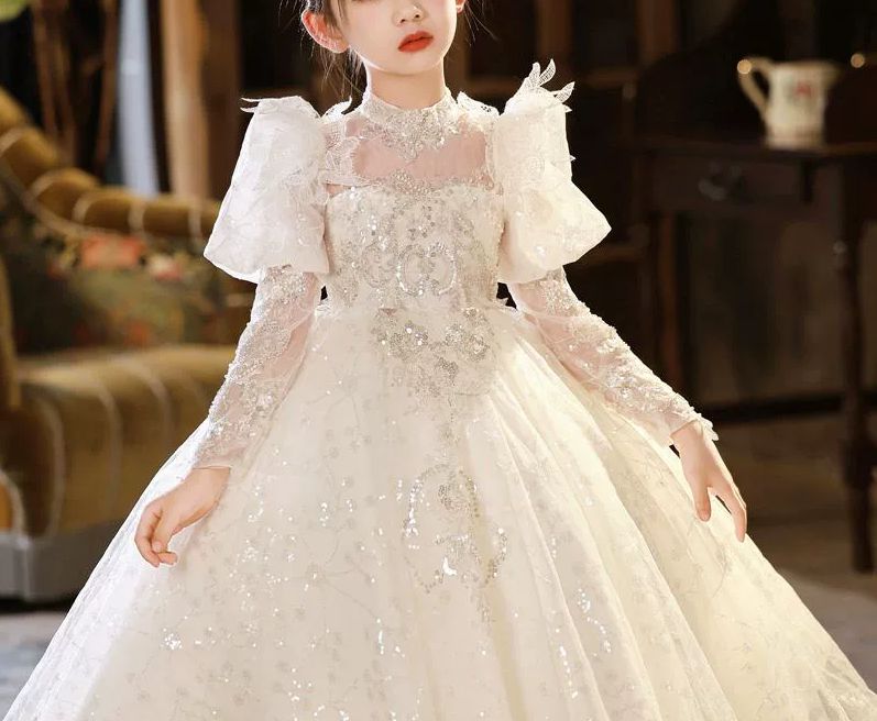 3/4 Sleeves A-Line/Princess Flower Girl Party Dress with Rhinestone Appliques & Bow