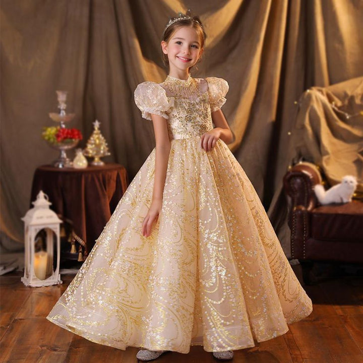 A-Line/Princess Short Sleeves Floor Length Girl Party Dress with Rhinestone Appliques