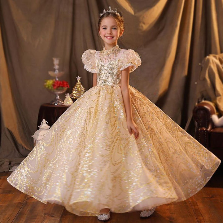 A-Line/Princess Short Sleeves Floor Length Girl Party Dress with Rhinestone Appliques