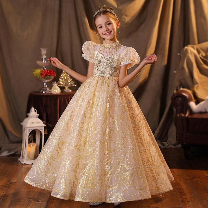 A-Line/Princess Short Sleeves Floor Length Girl Party Dress with Rhinestone Appliques