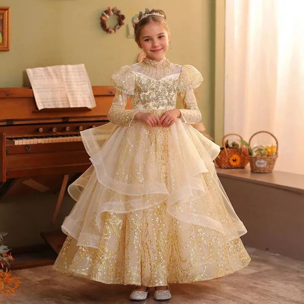 Long Sleeves A-Line/Princess Floor Length Girl Party Dress with Rhinestone Appliques