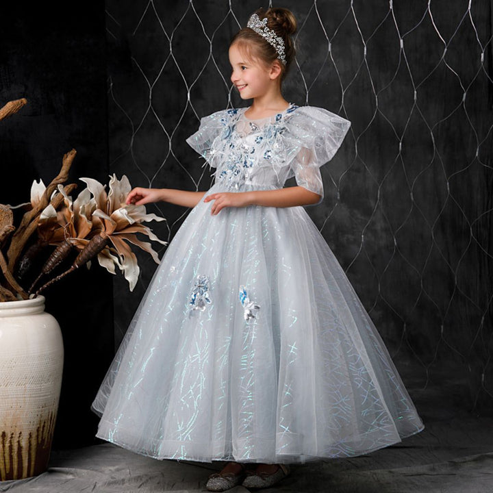 Ball Gown Short Sleeves Rhinestone Flower Appliques Girl Party Dress with Feathers