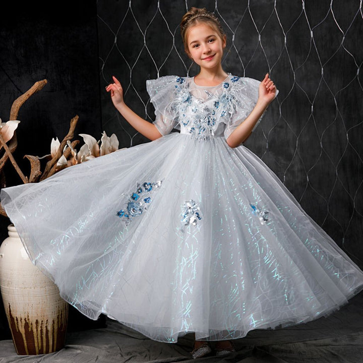 Ball Gown Short Sleeves Rhinestone Flower Appliques Girl Party Dress with Feathers