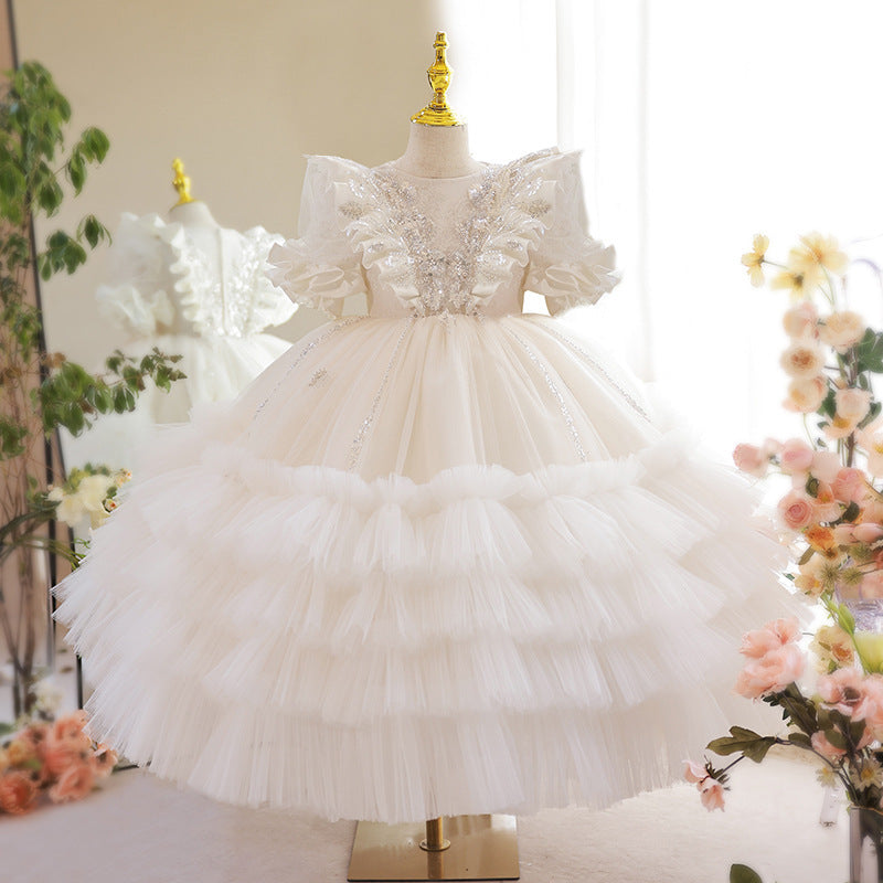 Short Sleeves Ball Gown Layered Girl Party Dresses with Beading Lace Appliques