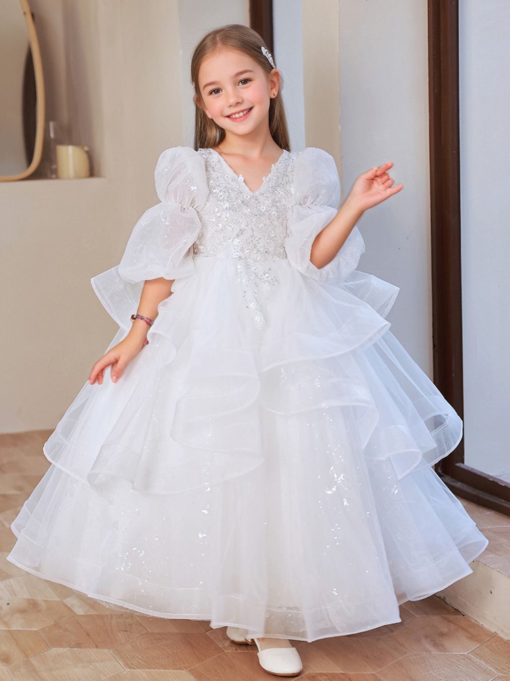 V-Neck 3/4 Sleeves A-Line/Princess Flower Girl Dress with Rhinestone Appliques