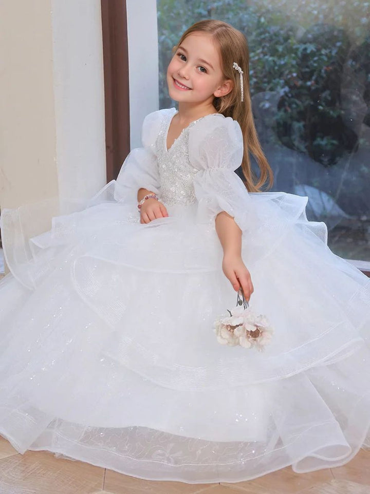 V-Neck 3/4 Sleeves A-Line/Princess Flower Girl Dress with Rhinestone Appliques