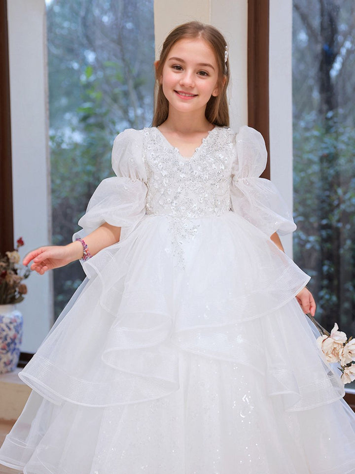 V-Neck 3/4 Sleeves A-Line/Princess Flower Girl Dress with Rhinestone Appliques