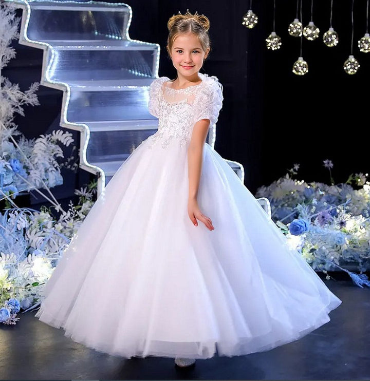 Lace Short Sleeves A-Line/Princess Flower Girl Dress with Crystal Appliques