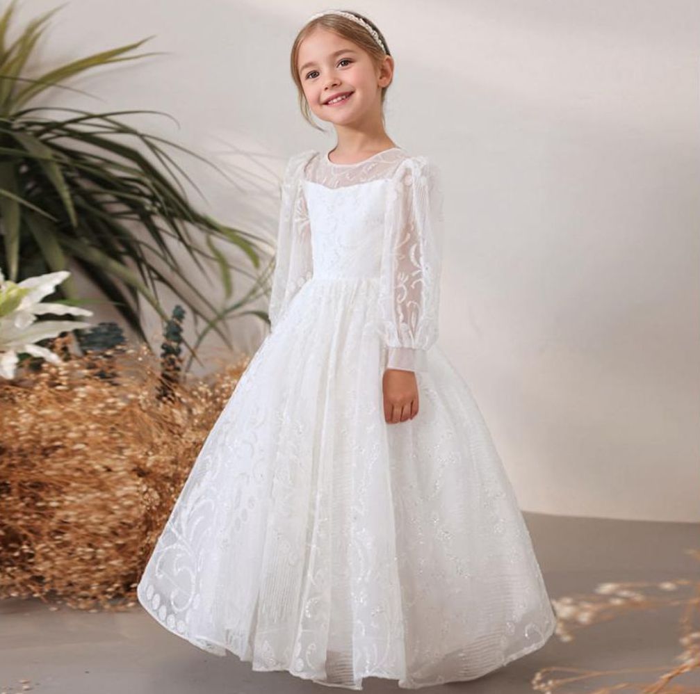 Round Neck Floor Length Long Sleeves Flower Girl Party Lace Dresses