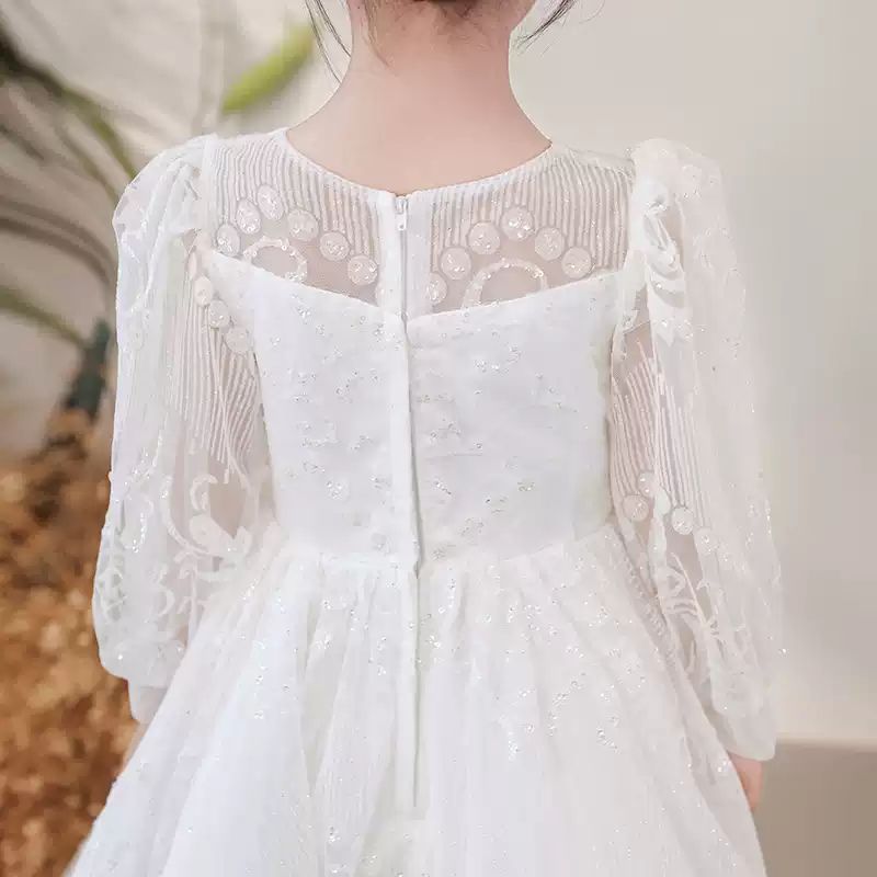 Round Neck Floor Length Long Sleeves Flower Girl Party Lace Dresses