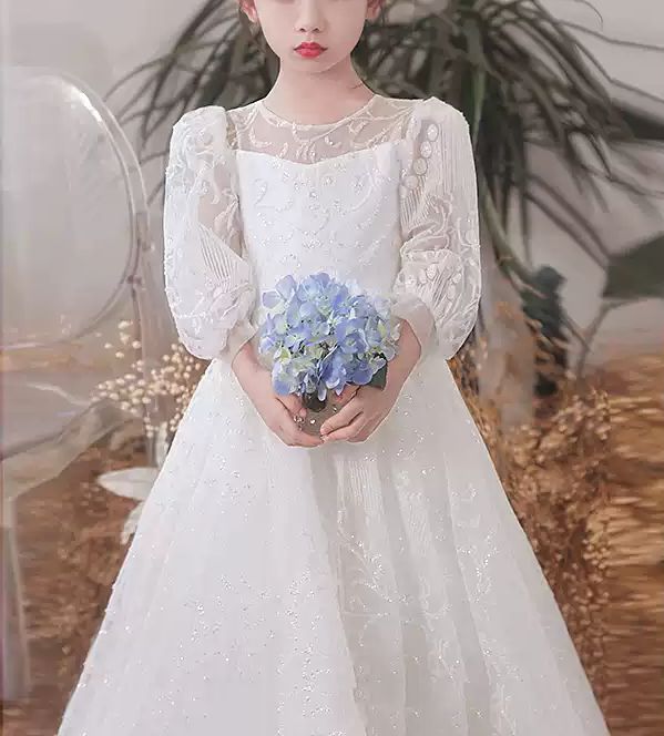 Round Neck Floor Length Long Sleeves Flower Girl Party Lace Dresses