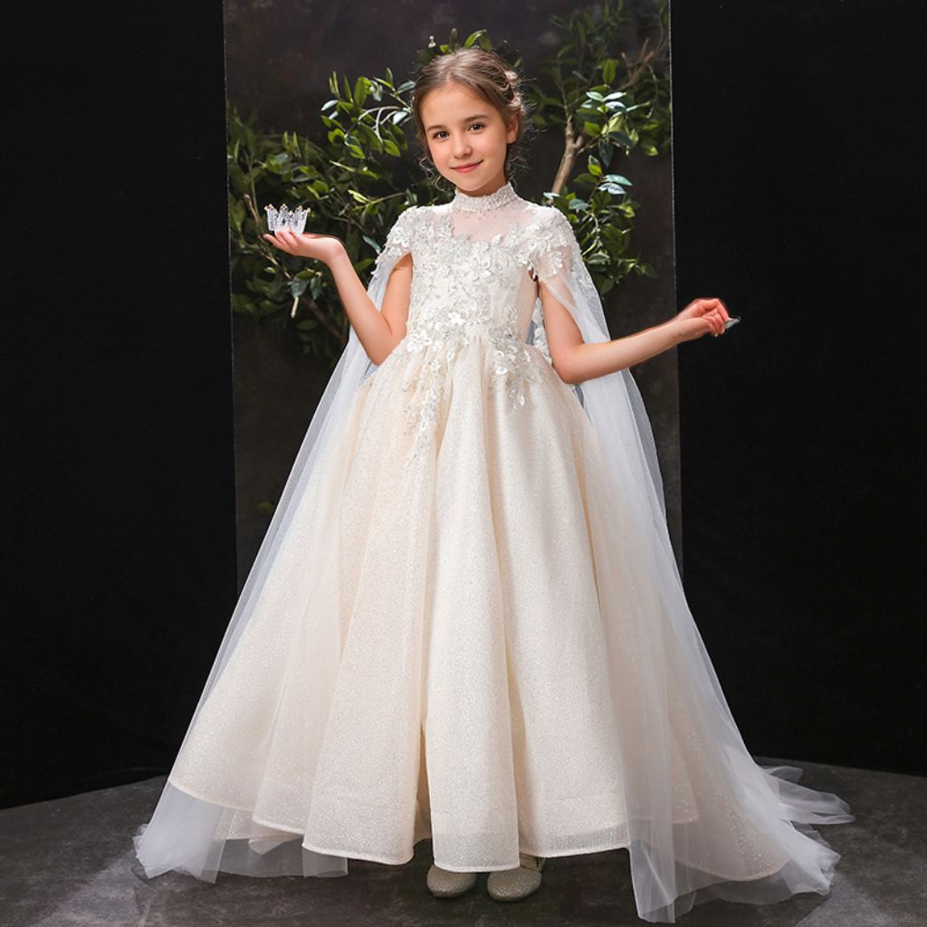 High Neck Floor-Length A-Line/Princess Girl Party Dress with Rhinestone Appliques