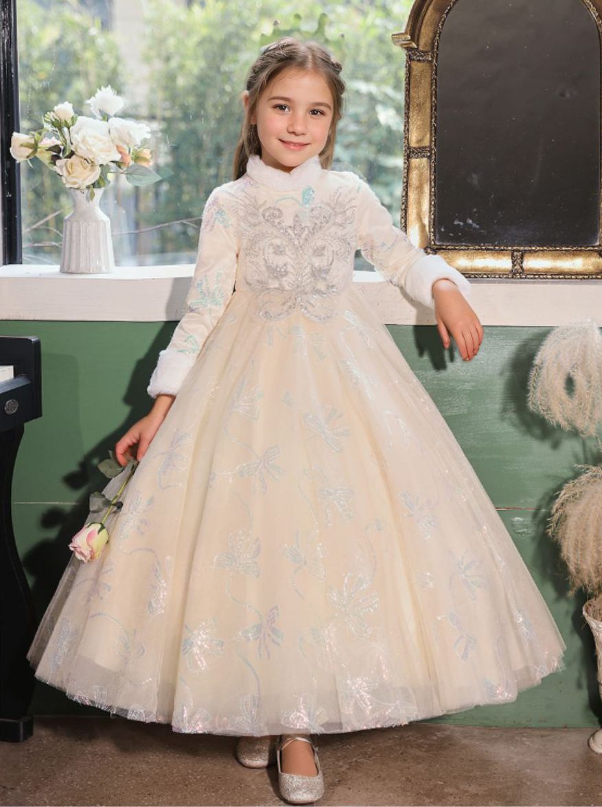 Long Sleeves Winter High Neck A-Line/Princess Embroidery Girl Party Dress Full Long