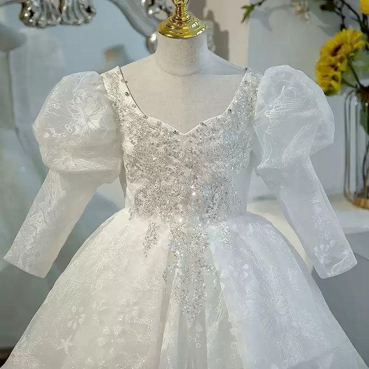 Sweetheart Long Sleeves Ball Gown Flower Girl Party Lace Dress with Crystal Appliques