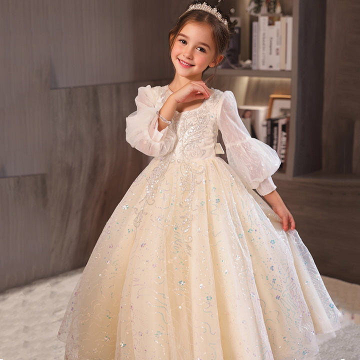 3/4 Sleeves Round Neck A-Line/Princess Lace Girl Party Dress with Rhinestone Appliques