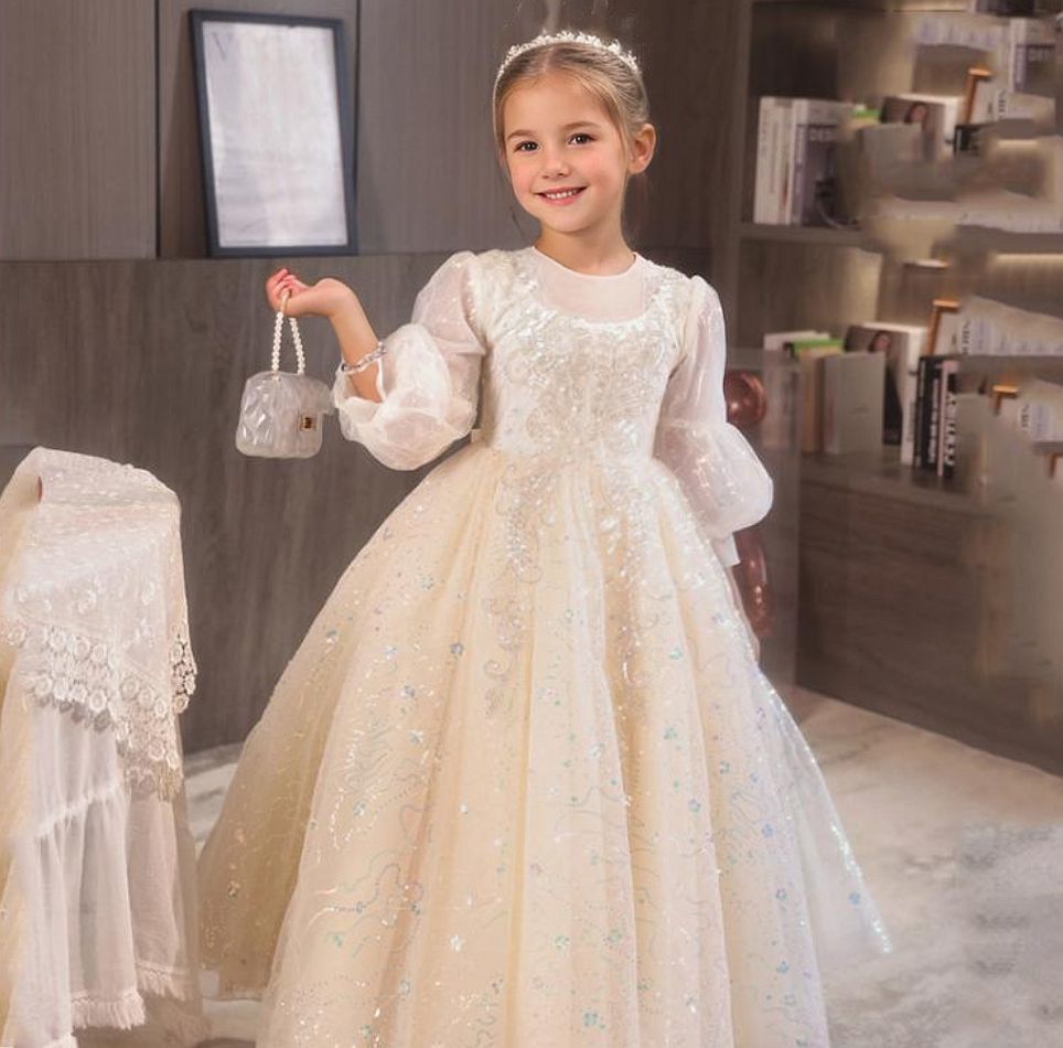 3/4 Sleeves Round Neck A-Line/Princess Lace Girl Party Dress with Rhinestone Appliques