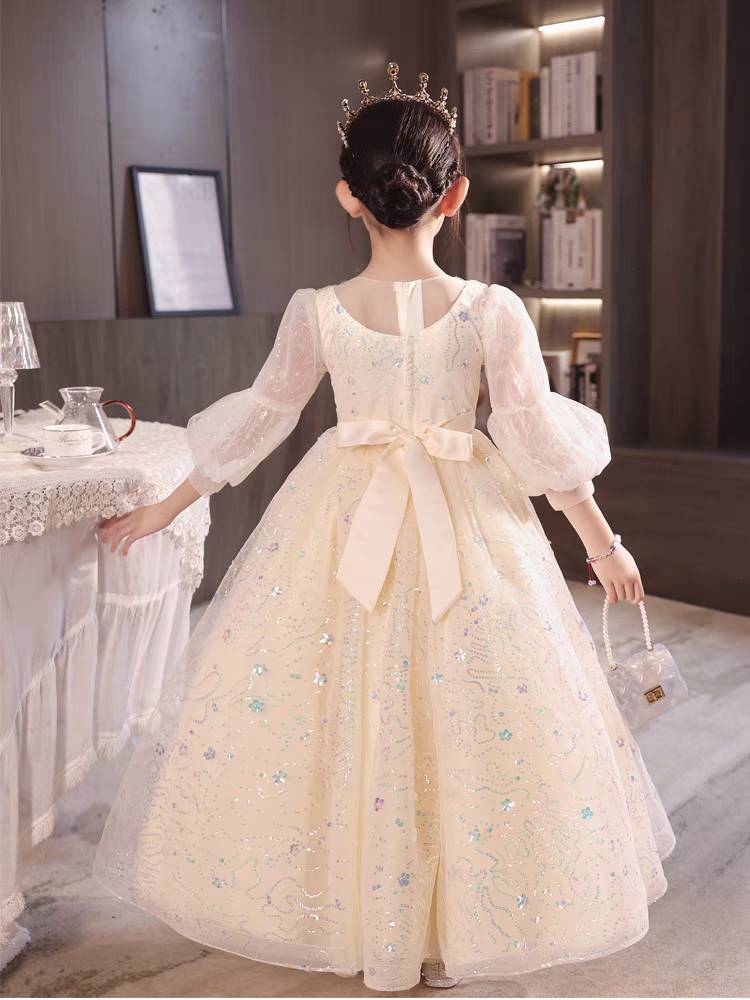 3/4 Sleeves Round Neck A-Line/Princess Lace Girl Party Dress with Rhinestone Appliques