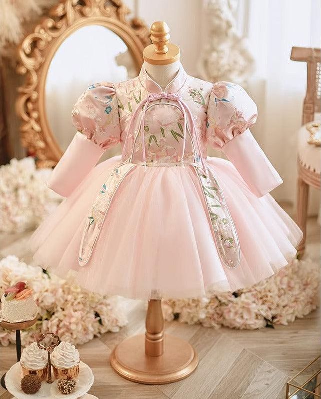 High Neck Knee Length Long Sleeves Embroidery Baby Girl Party Dress