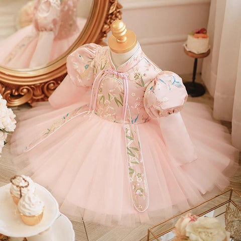 High Neck Knee Length Long Sleeves Embroidery Baby Girl Party Dress