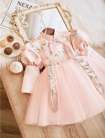 High Neck Knee Length Long Sleeves Embroidery Baby Girl Party Dress