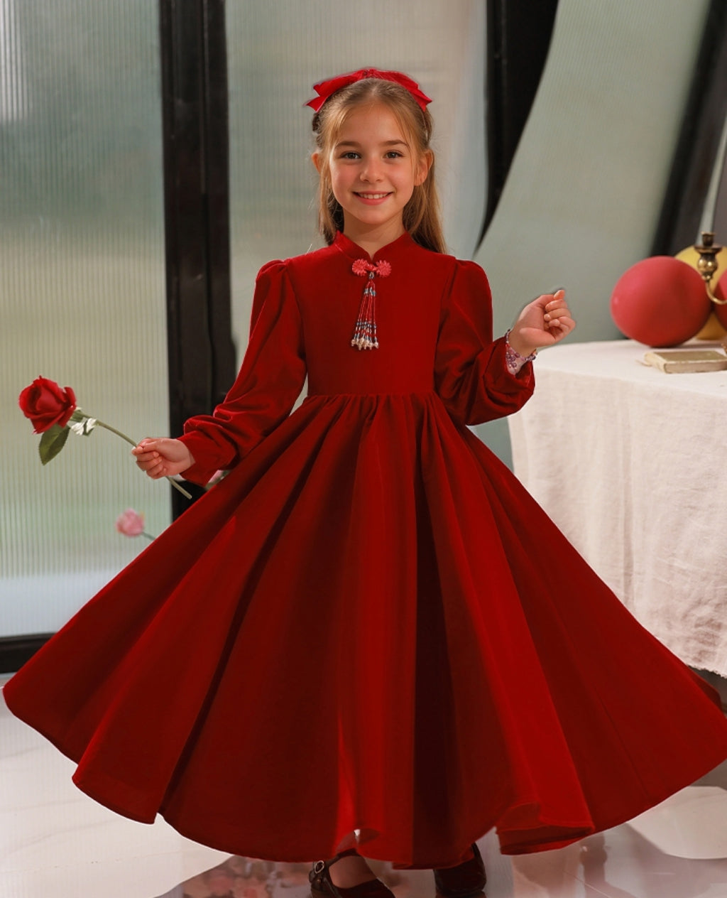 chinese dress ladies Long Sleeves Floor Length High Neck A-Line/Princess Flower Girl Party Dresses