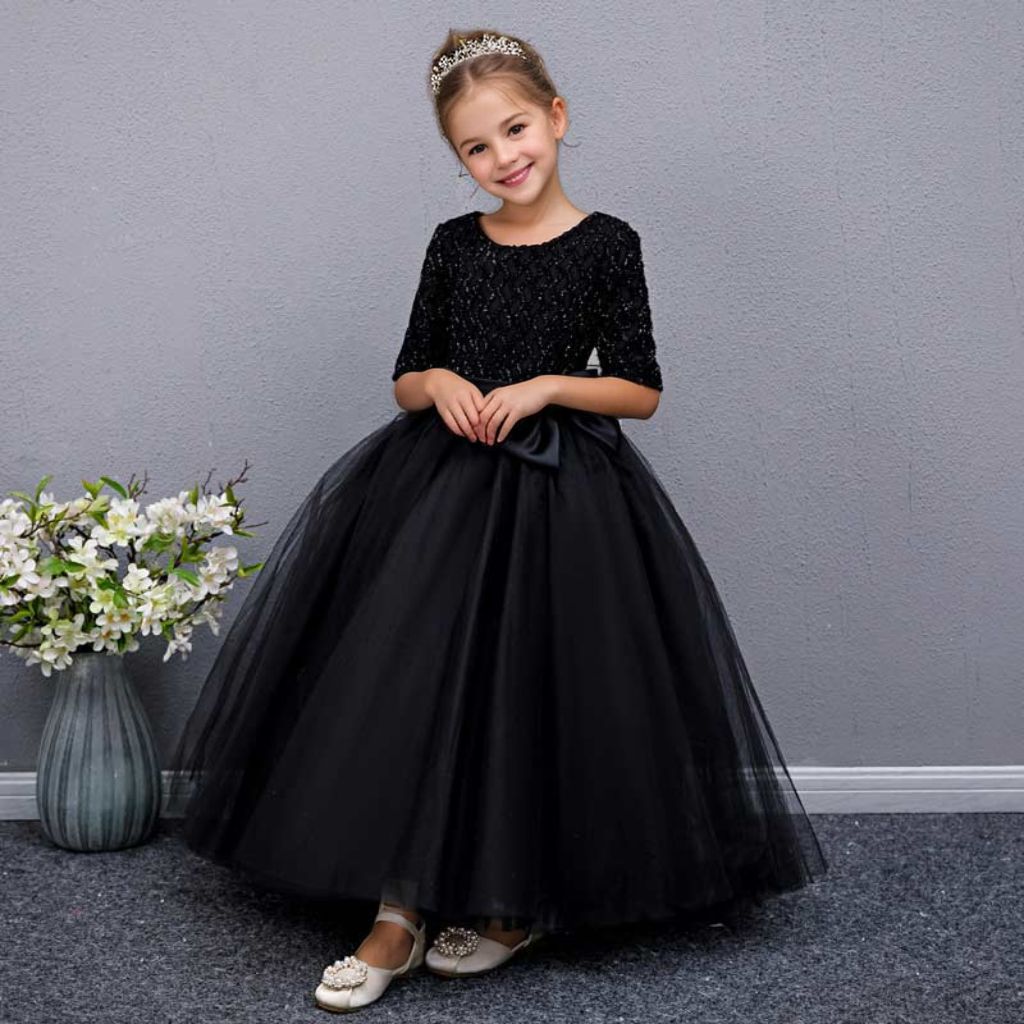 Floor Length Half Sleeves Round Neck A-Line/Princess Girl Party Dress with Bow