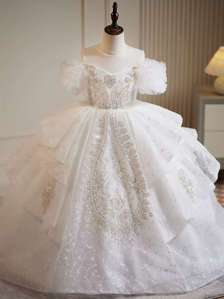 Ball Gown Off-the-Shoulder Lace Flower Girl Party Dresses with Rhinestone Appliques