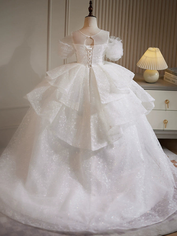 Ball Gown Off-the-Shoulder Lace Flower Girl Party Dresses with Rhinestone Appliques