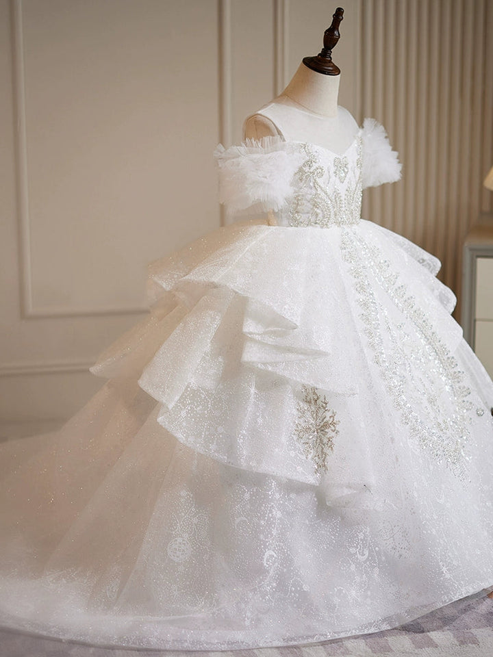 Ball Gown Off-the-Shoulder Lace Flower Girl Party Dresses with Rhinestone Appliques