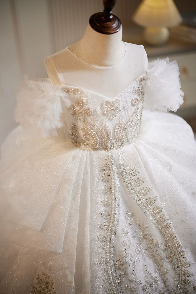 Ball Gown Off-the-Shoulder Lace Flower Girl Party Dresses with Rhinestone Appliques