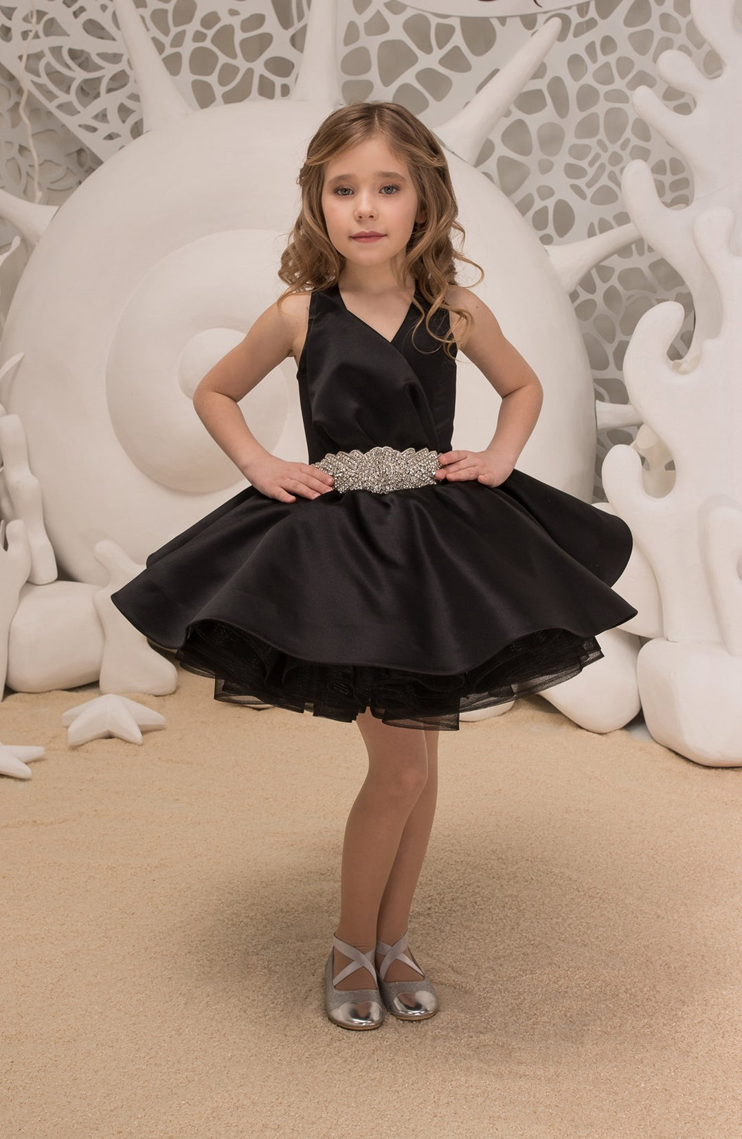 High Low Sleeveless Rhinestone Sash Girl Party Dress with Removed Train