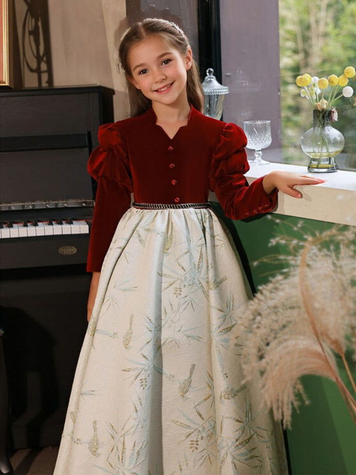 Long Sleeves A-Line Embroidery Girl Party Dress with Covered Button