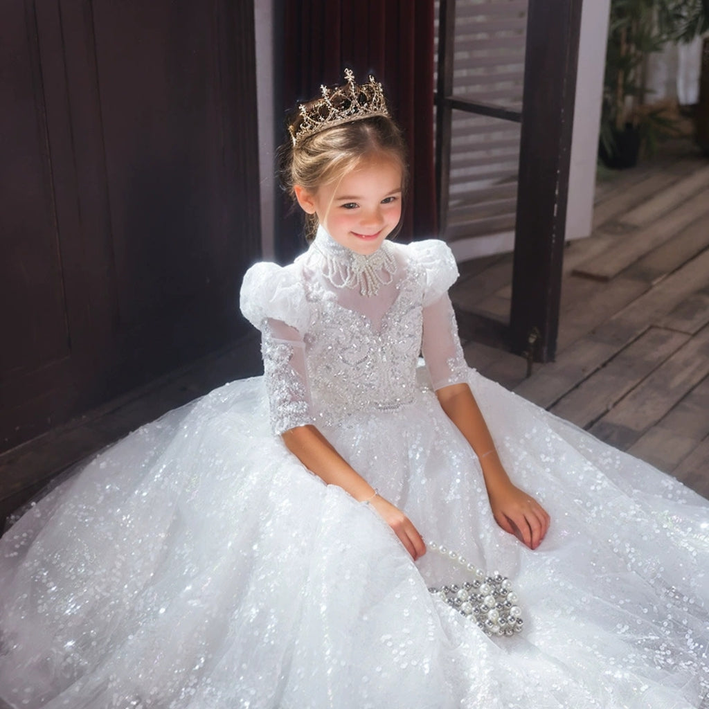 A-Line/Princess 3/4 Sleeves Flower Girl Lace Party Dress with Rhinestone Appliques