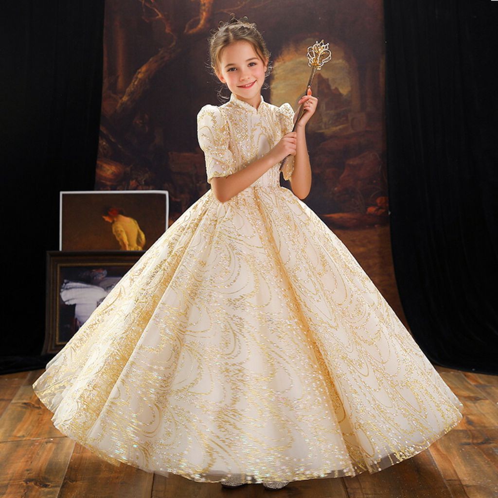 Ball Gown Half Sleeves High Neck Embroidery Flower Girl Dress for party with Crystal