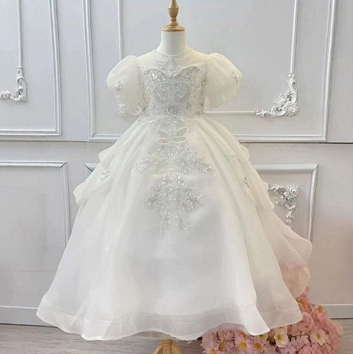 Short Sleeves A-Line/Princess Flower Girl Party Dress with Rhinestone Appliques