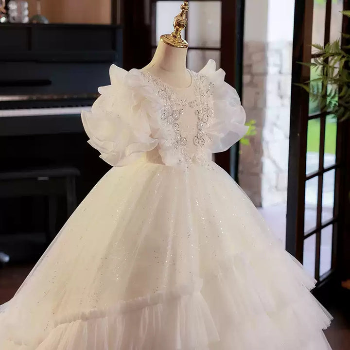 Ball Gown Ruffled Tulle Layered Flower Girl Party Dress with Rhinestone Appliques