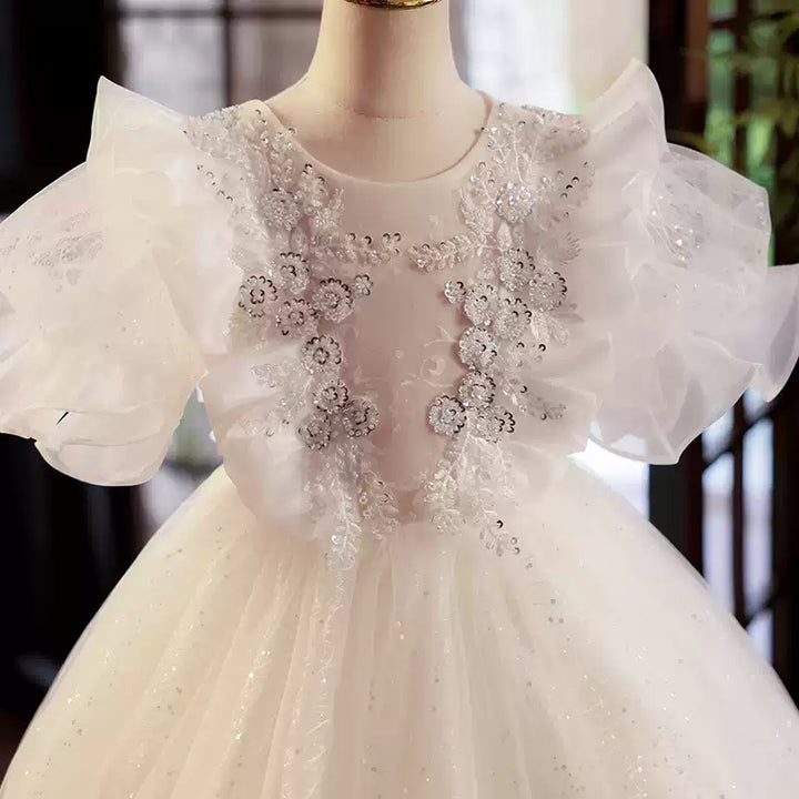 Ball Gown Ruffled Tulle Layered Flower Girl Party Dress with Rhinestone Appliques