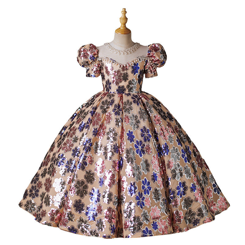 Floor Length Beading Round Neck Short Sleeves Ball Gown Girl Party Dress with Crystal Floor Length Beading Round Neck Short Sleeves Ball Gown Girl Party Dress with Crystal